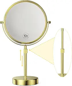 Nicesail 8" Face 10X Tabletop Vanity Mirror, Shiny Gold, Height Adjustable