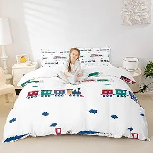 Cartoon Car Bedding Set Kids Train Duvet Cover Set Queen Size Boys Girls Colorful Clouds Decor Comforter Cover White Microfiber Train Construction Rail Roads Quilt Cover 3Pcs Teens Bedroom Decor