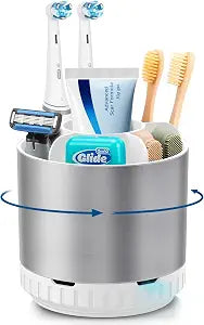 GFWARE Rotating Silver Toothbrush Holder for Bathroom Organizer, Drainage