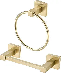 BigBig Home Gold Toilet Paper Holder Towel Ring, Brushed Gold Hand Towel Holder Bathroom Hardware Accessories Wall Mount Double Post Toilet Tissue Roll Holder Square 2 Pieces Set