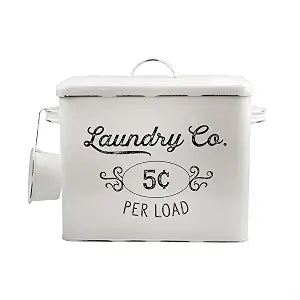 AuldHome Design Farmhouse Laundry Powder Container, White Enamelware Detergent Bin w/Scoop