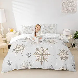 Homewish Snowflake Bedding Set,Geometric Snowflake Comforter Cover Set for Teens Women Room Decor,Xmas Theme Duvet Cover Breathable Gold and Gray Bedspread Cover Full Size(No Comforter)