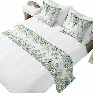 Bed Runner for Cal. King Size Bed, Sage Green Eucalyptus Leaves Decorative Beds Runners and 2 Matching Pillow Covers Set, Spring Summer Botanical Beds Scarf Throw for Foot of Bedding Set for Hotel