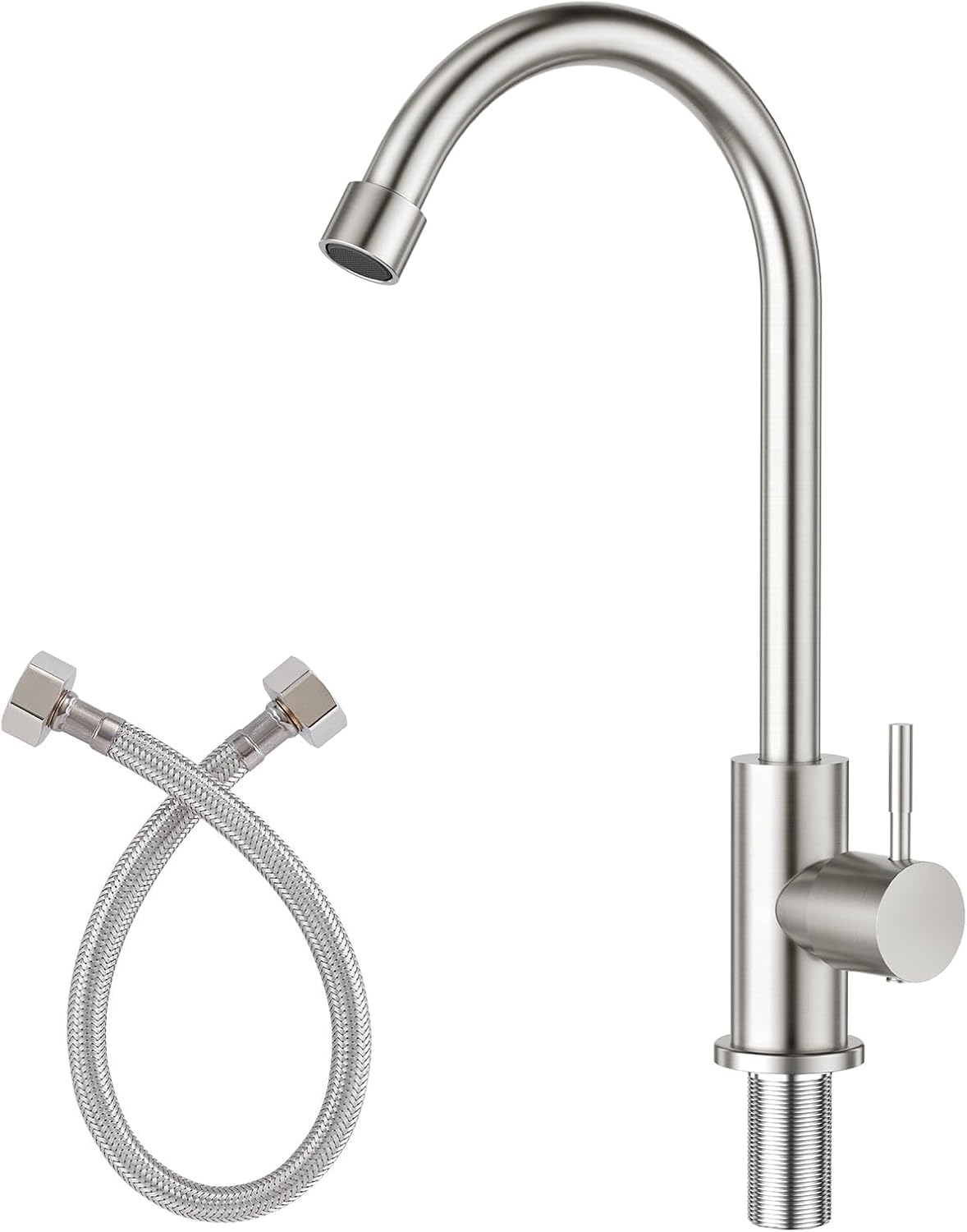 CREA Cold Water Only Faucet for Kitchen Bar Outdoor Sink 1 Hole High Arc 360Swivle Single Handle Cold Water Tap Brushed Nickel Stailess Steel - 2.2" Extra Long Thread Rod