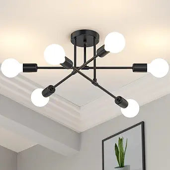 Phaosio Black Sputnik Chandelier 6 Light, 22" Mid Century Modern Ceiling Light Fixture, Industrial Semi Flush Mount for Dining Room Bedroom Kitchen, E26 Base