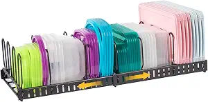 Expandable Food Container Lid Organizer,Large Capacity Adjustable 8 Dividers Detachable Lid Organizer Rack for Cabinets, Cupboards, Pantry Shelves, Drawers Keep Kitchen Tidy,Black 10.2wide,3.6 Pound.