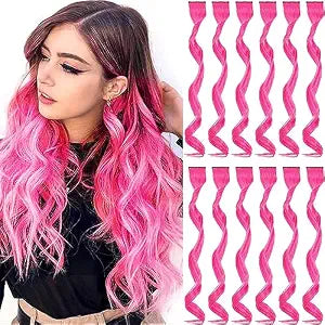 GPOVVIMX 12 PCS Hot Pink Hair Extensions Clip in, Curly Wavy Colored Extension - Party Highlights Synthetic Hairpiece 17 inch