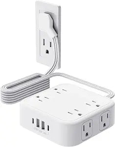 8-Outlet Power Strip with 6 USB Ports (2 USB-C) and Surge Protection, HITRENDS 5ft Flat Plug Extension Cord, 1875W/15A Multi Plug Charging Station for Home Office, Square Compact Design, White