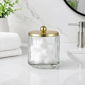 Clear Transparent Apothecary Octagional Shaped Glass Canister Jar With Gold Metal Lid Cover for Bathroom Organization, Cotton Balls, Q Tips, and Small Accessories, Bathroom Storage