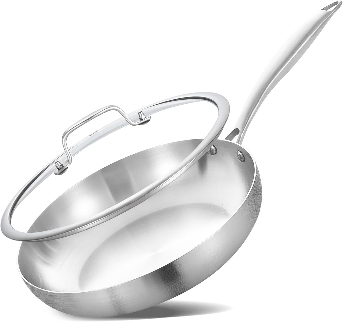 LOLYKITCH 8'' Tri-Ply Stainless Steel Pan with Lid | Small Egg Omelet Pan