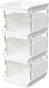 Lifewit Plastic Stackable Storage Baskets, 4 Tier Stacking Bins for Food and Clothes, Multifunctional Organizer for RV, Kitchen, Playroom, Pantry and Bathroom, 13.8"D x 11.8"W x 28.3"H, 1 Pack, White