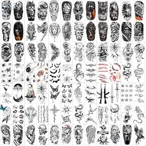82 Sheets Halloween Temporary Tattoos, 3D Scary Lion Wolf Tiger Skull Skeleton Spider Fake Tattoos Stickers for Men Women Adults