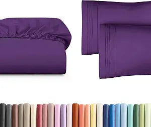 Queen Size Fitted Bed Sheet + 2 Pillowcases Bundle - Hotel Luxury Single Fitted Bottom Sheet Only - Fits Mattresses with Deep Pockets up to 16 inches - Ultra Soft, Breathable & Wrinkle Free - Purple