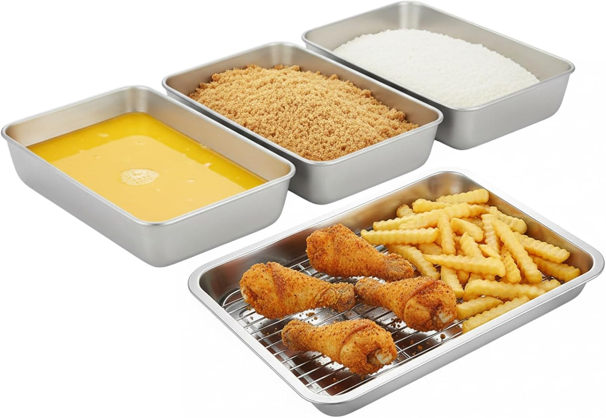 Set of 3 Breading Pans, Chicken Cutlet Dredging Trays with Stainless Steel Oil Filter Tray Breading Trays for Cooking, Food Prep for Preparing Bread-Crumb Dishes, Panko, Schnitzel