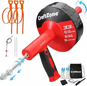Drain Auger 33 Ft with Easy Cable Rewind System, Plumbing Snake with Drill Adapter, 2026 Upgraded Flexible Spring Steel Drain Cleaner for Kitchen, Bathroom, Shower & Sink