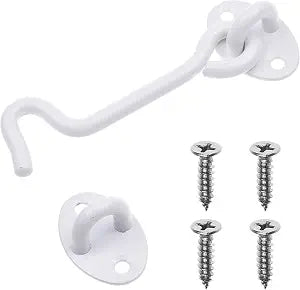 4-inch Heavy Duty Hook and Eye Latch - 1x Barn Door Lock (White), 4X Mounting Screws - Powder Coated Stainless Steel Hooks for Door, Windows, Sheds, Fences, Gates, Closets, Cabinets