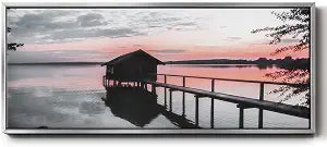 Renditions Gallery Abstract Nature Wall Art Pink Sunset Sky Over the Lakeside Boathouse Floater Frame Paintings & Prints for Dining Living Room Kitchen Walls - 8"x20" Silver Frame LT614