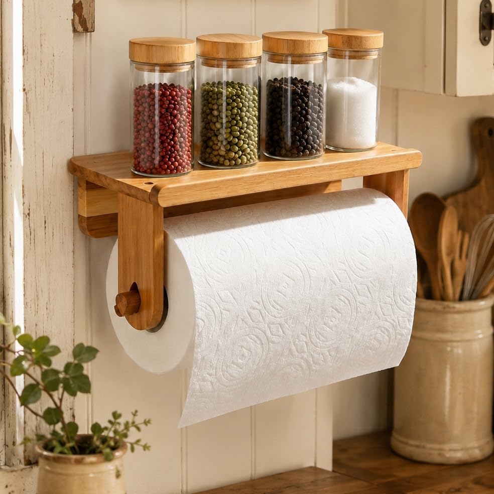 Acacia Wood Self Adhesive Paper Towel Holder with Shelf Wall Mount