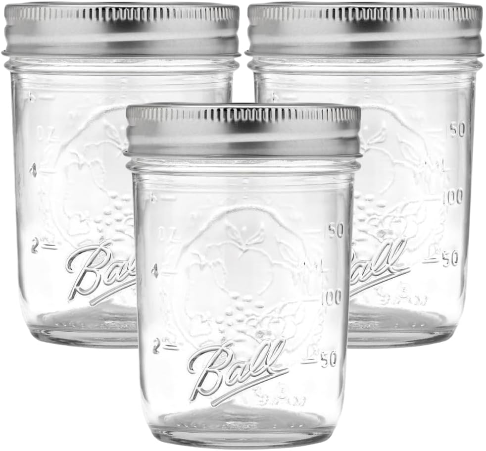 Ball Regular Mouth Glass Mason Jars with Lids and Bands, Used for Canning (Half Pint, 8 Ounce (Pack of 3))