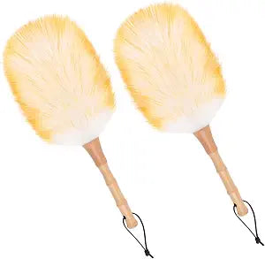 Lambswool Duster for Cleaning with Solid Wooden Handle Leather Hang Strap 14.9 inch Natural Feather Duster for Cleaning Ceiling Fans Window Blinds Computer Furniture(2 Pack)