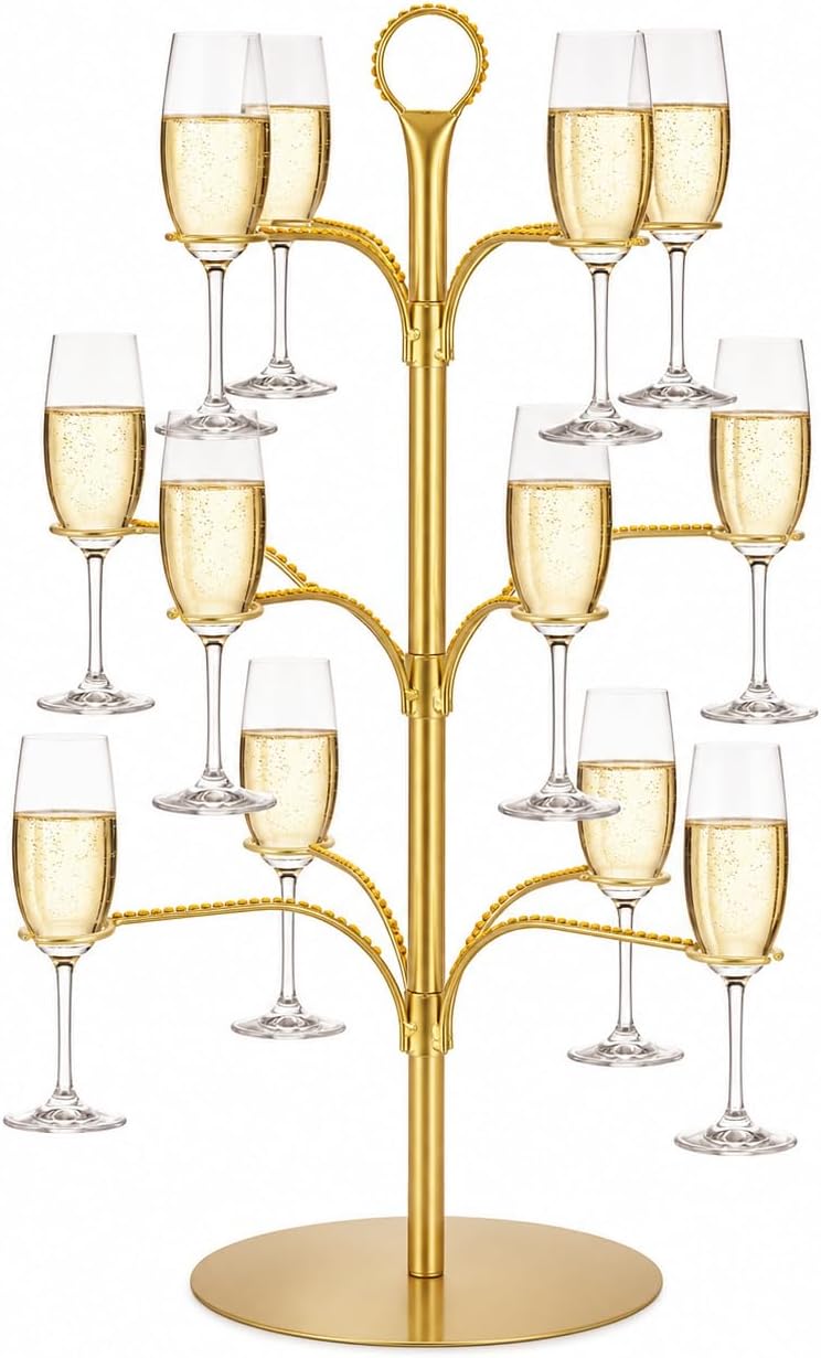 ALIMOTA Cocktail Tree Stand for Drinks, 3-Tier Rotating Champagne Tower with 12 Glass Holders, Gold Metal Cocktail Glass Display Stand for Wedding, Birthday Party, Bar and Home