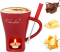 Sweet Fondue Cup Set, Chocolate Fondue Mug with 1 Fork and 4 Candles, Personal Ceramic Chocolate Melting Cup, Chocolate Fondue Cup, Ideal Gifts for Date Night, Birthday, Wedding (Red)