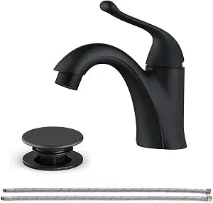 Matte Black Bathroom Faucet 1 Hole Brass Single Hole Handle Bathroom Faucets for Sink RV Vanity Faucet with Pop-up Drain and Flexible Hoses, Made of Heavy-Duty Thickened Brass and Metal (Black)
