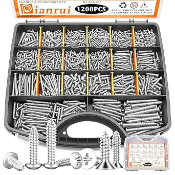 Dianrui 1200 PCS Wood Screws Assortment Kit, Assorted 304 Stainless Steel Screws M3/M4/M5/M6, Phillips Drive Sheet Metal Self Tapping Screw Set Marine Grade (Pan & Flat Head Screw) Length 1/4" to 2"