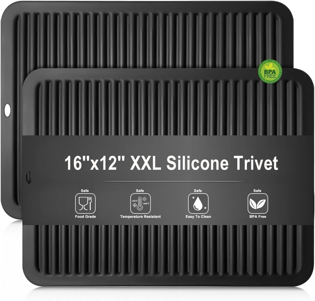 Extra Large Silicone Trivet 16x12 Inch, Hot Pads for Kitchen-446F Heat Resistant Hot Pads for Kitchen Counter,Pot Holders for Kitchen, 2 Pieces, Black