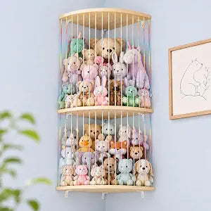 Stuffed Animal Storage Hammock, Wood Stuffed Toy Holder, Playroom Nursery Toy Storage Organizer, Decorative Wall Hanging Caddy Corner Stuffed Animal Net, Soft Toy Net for Kids Room Dcor