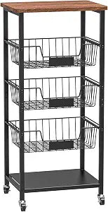 Hastatii Kitchen Storage Cart, Kitchen Basket, 5-Tier Utility Organizer with Baskets and Wood Top, Rolling Snack Cart with Wheels, Metal Black