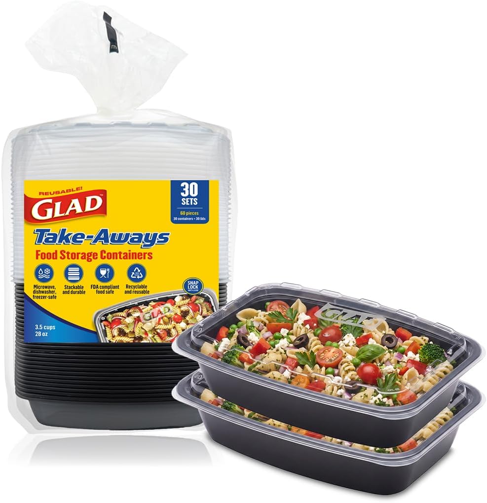 Glad Take-Aways 30-Pack Snap-Seal Rectangular Food Storage Containers, 28 oz, Leak-Resistant Lids, Dishwasher & Freezer Safe, Reusable Meal Prep Containers, BPA Free, Made in North America