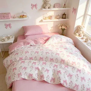 Twin Duvet Cover 100% Cotton Pink Bow Bedding Set for Girls Kids