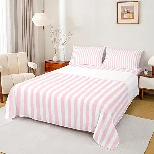 Manfei Striped Sheet Set for Kids Adults Boys Girls,Minimalist Vertical Stripes Fitted Sheet Sets Twin 3 Pcs,Modern Style Pink White Fitted + Flat Sheet,1 Pillowcase