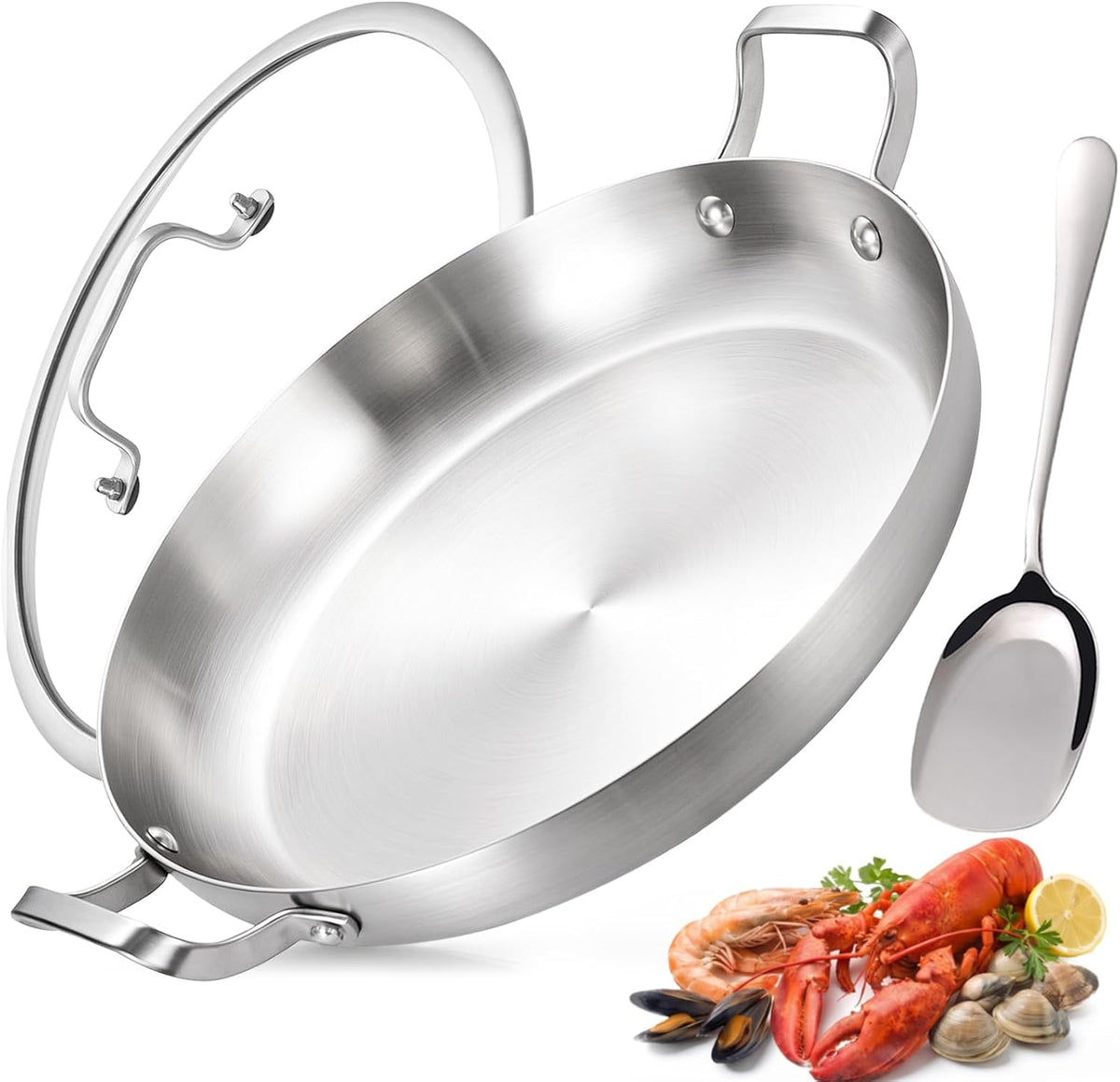 Inqibee 12 Inch Tri-ply Stainless Steel Paella Pan with Lid