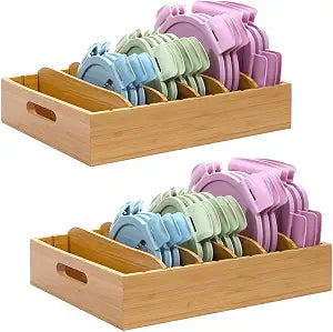 Bamboo Lid Holder Food Container, Kitchen Organizer with 5 Adjustable Dividers, Cabinet Organizer for Food, Kitchen Gadget, Container Lids (2pcs)