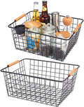 LeleCAT Large black wire basket for Organizing with Wooden Handles,pantry refrigerator organizers and storage,Snack Storage Baskets for Cabinets, Closets, Bedrooms, kitchen -2packï¼ˆBlackï¼‰
