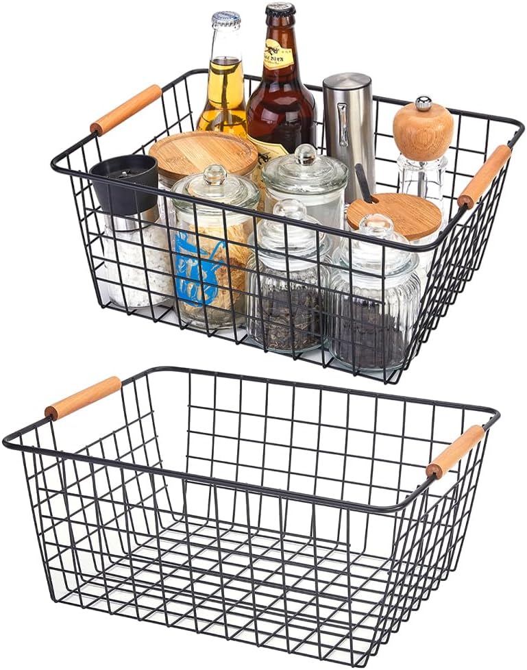 LeleCAT Large black wire basket for Organizing with Wooden Handles,pantry refrigerator organizers and storage,Snack Storage Baskets for Cabinets, Closets, Bedrooms, kitchen -2packï¼ˆBlackï¼‰