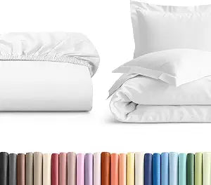 Twin Size Fitted Bed Sheet + Duvet Cover Bundle - Hotel Luxury Single Fitted Bottom Sheet Only - Fits Mattress w/ Deep Pockets Between 8 to 16 inches - Ultra Soft, Breathable and Wrinkle Free - White