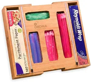 3" Slim 6-in-1 Expandable Storage Bag Organizer Kitchen Drawer - Bamboo Baggie Organizer for Drawer, Aluminum Foil & Saran Wrap Cutter, Plastic, Gallon, Quart & Sandwich Bags (11.5"-17.63" Wide)