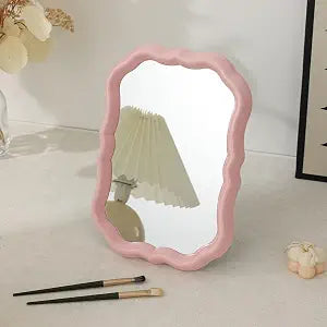 Wave Shaped Desk Makeup Mirror, 8x11 Inch Portable Tabletop Mirror with Stand & Hanging Hook Cute Small Vanity Mirror 2 in 1 Wall Table Mirror for Bedroom Office Desk Decor(Pink)