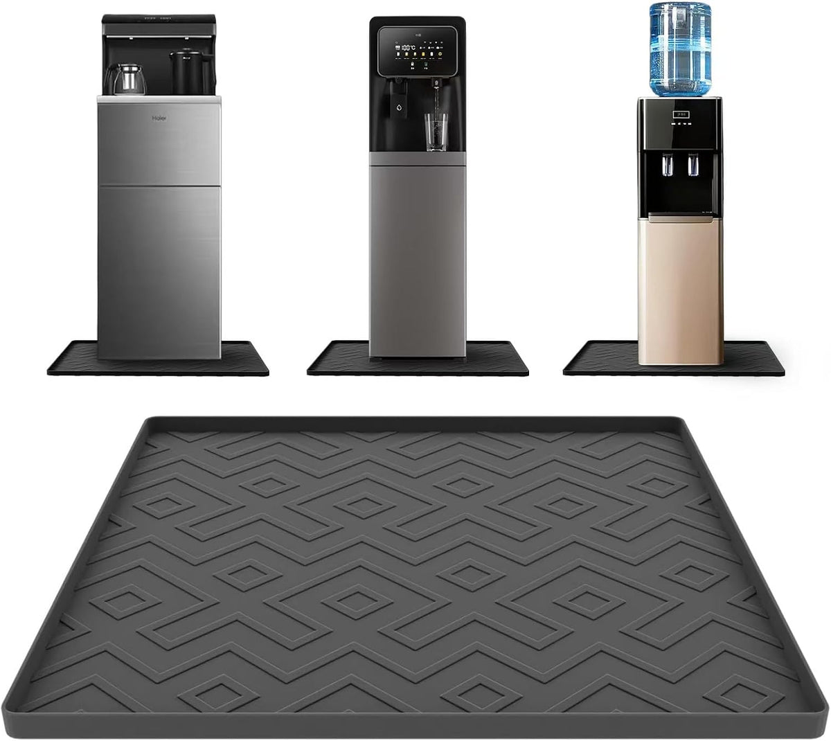 Water Cooler Mat - 19.7" x 19.7" Silicone Water Dispenser Mat for Floor & Countertop, Spill-Proof & Waterproof Tray for Coffee Maker, Kitchen, Pets, Office Use (Black, 19.7' * 19.7')
