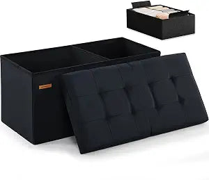 HAUSFRAU Ottoman with Storage Bench Folding Foot Rest Stool Linen Black