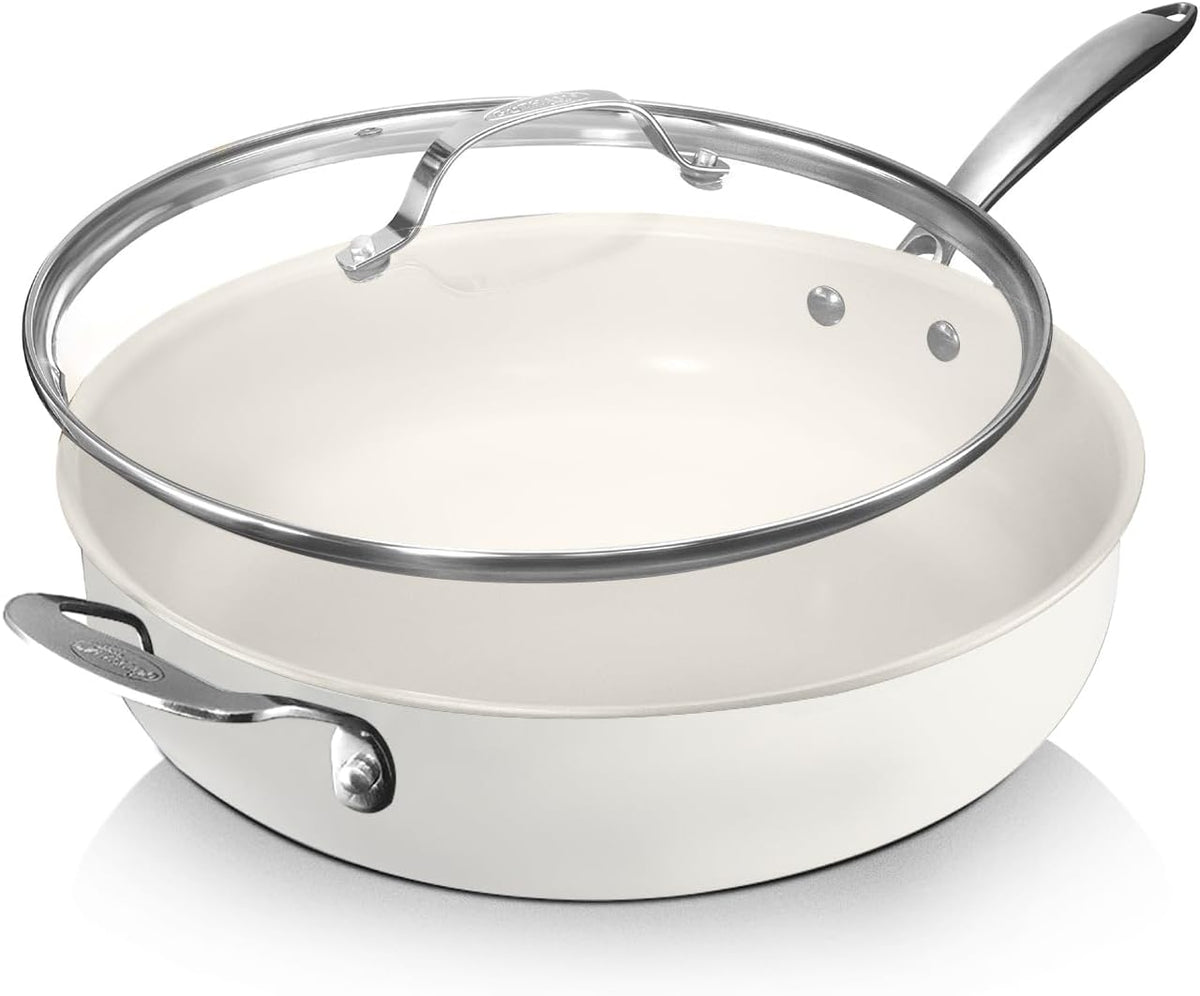 GOTHAM STEEL 5.5 Qt Saute Pan with Lid - Nonstick Deep Frying Pan, 100% PFOA Free Ceramic, Dishwasher Safe, Cream White