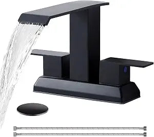 Black 4 Inch Centerset Waterfall Bathroom Faucet, 2 Handle 3 Hole Matte Black Bathroom Sink Faucet, Vanity Basin Lavatory Mixer Tap with Pop Up Drain and Supply Hoses