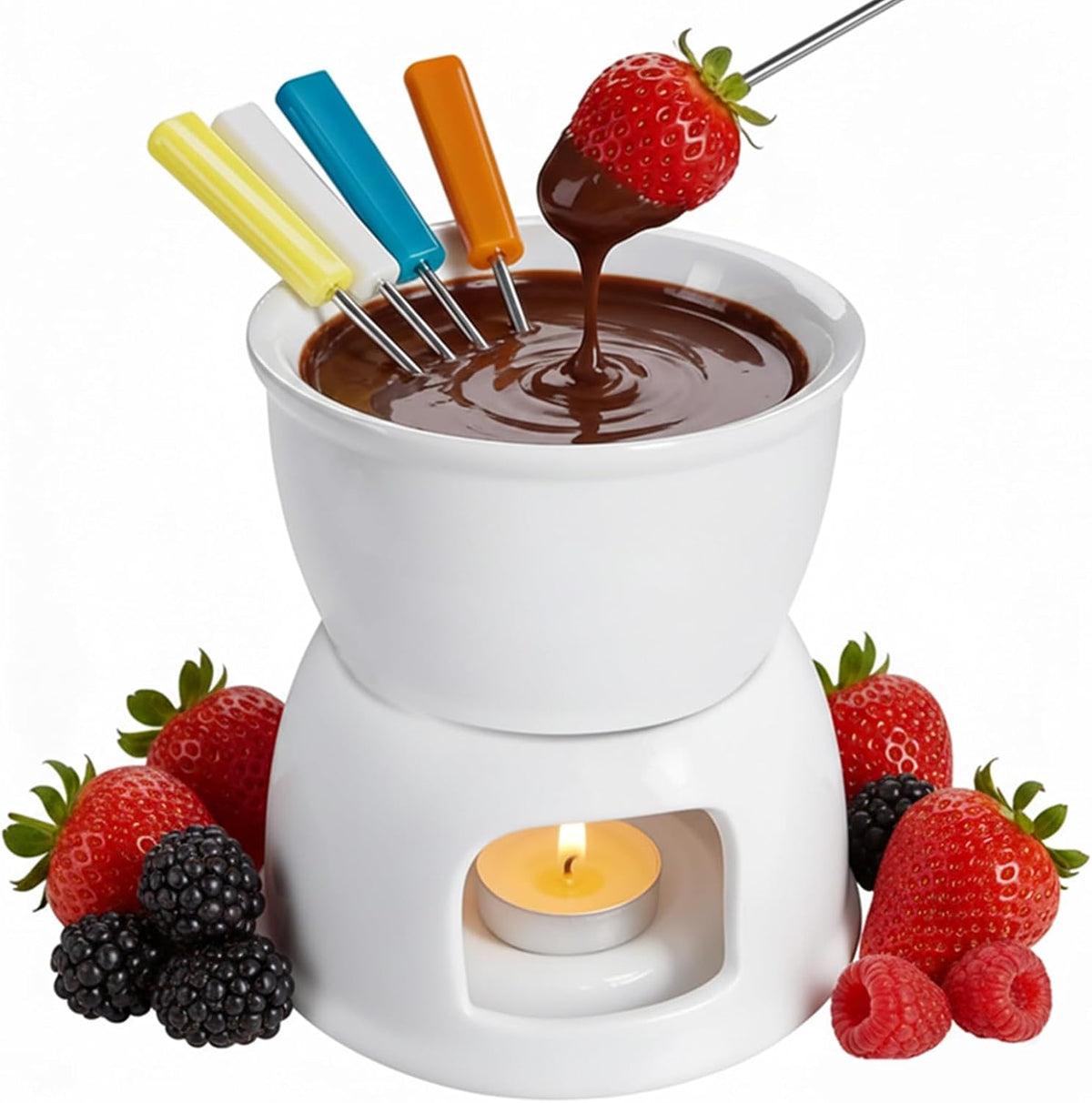 Tebery Fondue Set with 4 Color Forks, Premium Tea Light Porcelain Melting Pot for Cheese, Chocolate and Tapas - White