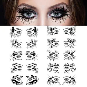 10 Pairs Halloween Eye Shadow Temporary Tattoos Eyeliner Tattoo Stickers Spider Web Bat Pattern Eyeliner Fake Tattoos for Women Men Face Eye Makeup Halloween Decals Party Supplies