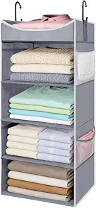 4-Shelf Hanging Closet Organizer and Storage with Side Pockets, Collapsible Closet Hanging Shelves for Storage, Grey
