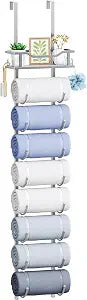 SWTYMIKI Over the Door Towel Rack - 9 Tier Towel Racks for Bathroom Wall Mounted, Towel Holder with Shelf, Hanging Rolled Towel Storage Organizer for Small Bathroom, Camper, RV, Sliver