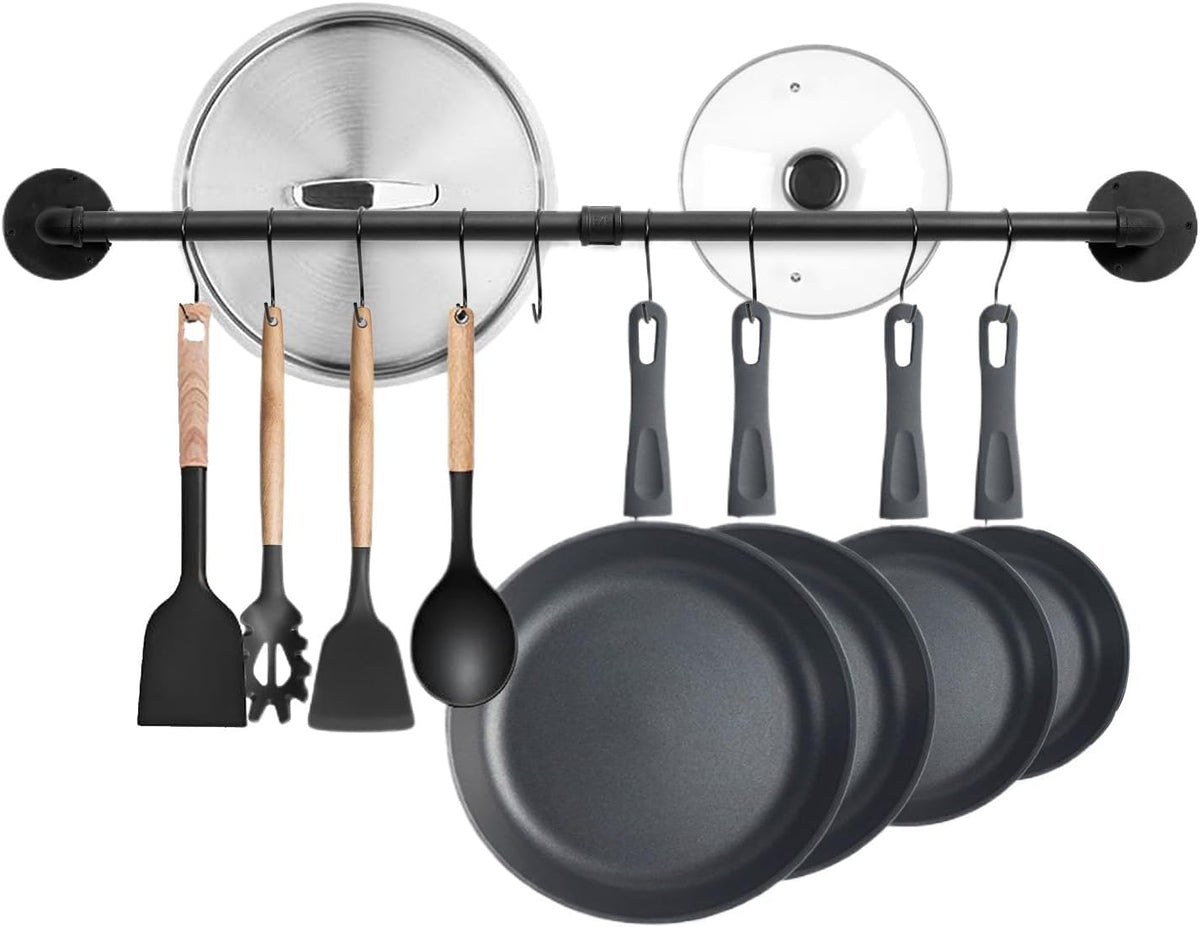 32 inch Pot Rack Wall Mounted Pan Hangers for Kitchen, Industrial Pipe Utensils Hanging Rail Iron Detachable Storage Organizer Lids Holder with 8 S Hooks, Black